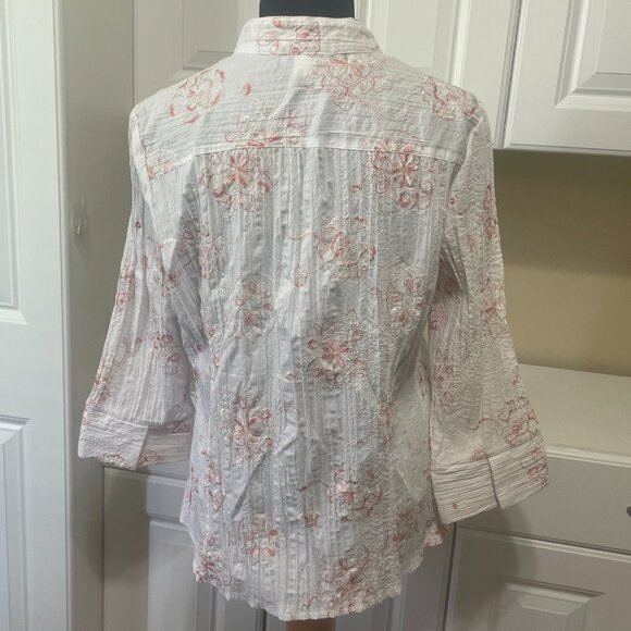 Fred David Womens L Blouse Floral Embroidered Button Front Crinkle Stretch Top - Picture 3 of 13
